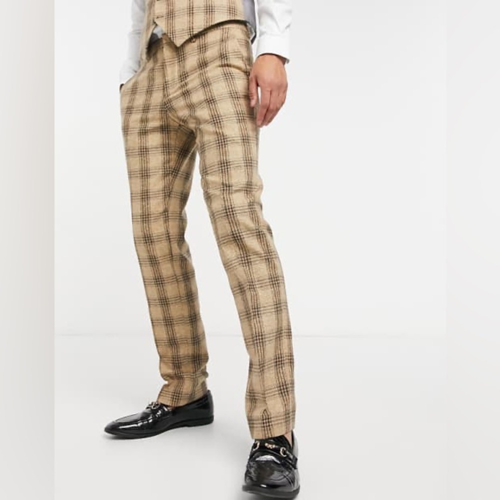 ASOS‎ Design Shelby & Sons Slim Fit Wool-Blend Suit Pants Tan Check Size 30×32 ✨